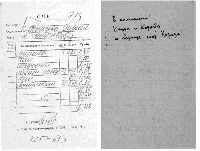 Счет за обед в ресторане: Д.Кнут, А.П.Ершов, В.Е.Котов, Ургенч, 1979 г.